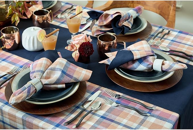 Solino Home Linen Table Runner 72 Inches Long - 100% Pure Linen Plaid Multicolor Fall Table Runner 14 x 72 Inch for Dining - Thanksgiving, Autumn, Fall Flavors Madras