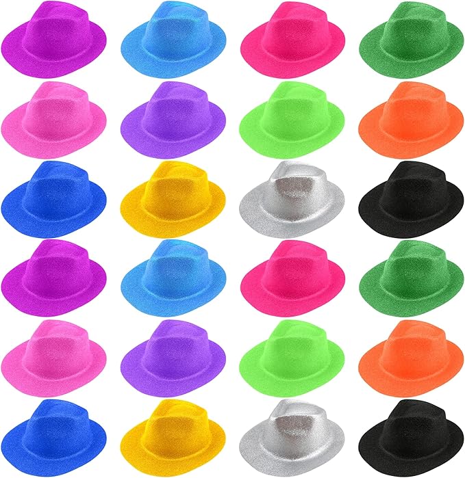 24 Pcs Neon Party Hats Bulk Plastic Fedora Party Hats Glitter Party Gangster Hats for Adult Kids Party Supplies