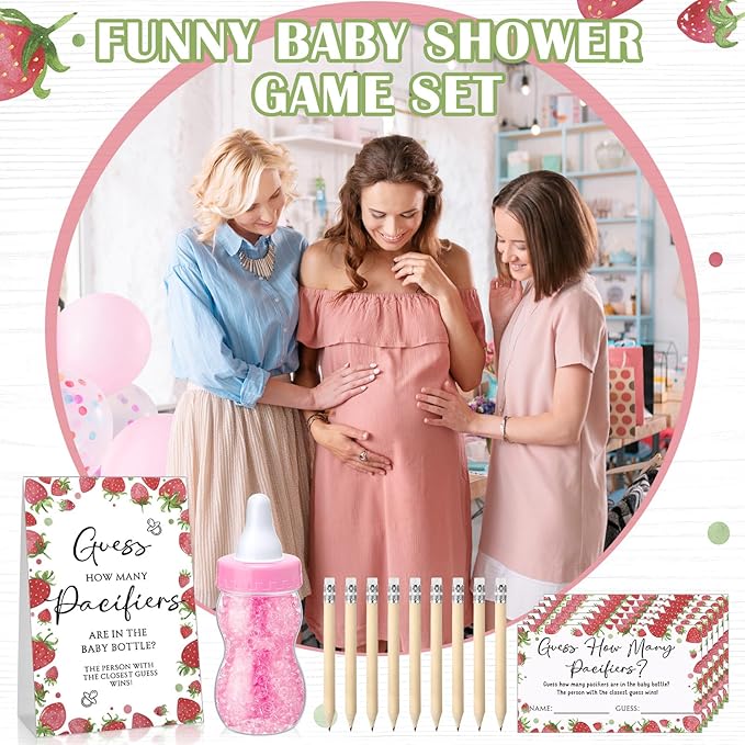 Roowest 512 Pcs Baby Shower Games Guess How Many Pacifiers Sign 100 Small Guessing Games 10 HB Pencils 750ml Milk Bottle 400 Acrylic Pacifiers Decoration for Guest Gender Reveal (Pink,Strawberry)
