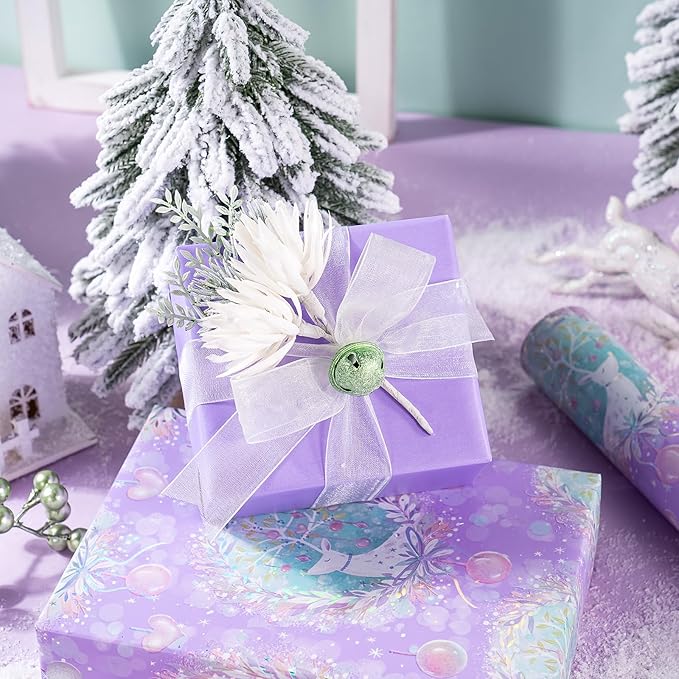 WRAPAHOLIC Reversible Purple Christmas Wrapping Paper - Mini Roll - 17 Inch x 33 Feet - Purple Reindeer and Christmas Garland with with Metallic Foil Shine for Holiday, Party Celebration