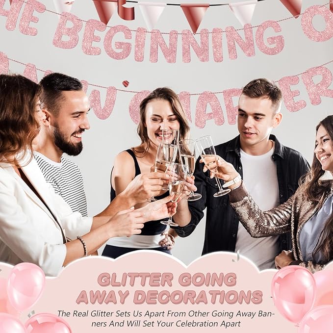 Fulmoon Pre Strung the Beginning of a New Chapter Banner, Glitter Graduation Party Decorations, Happy Retirement Supplies, Going Away Farewell New Home Job Change Party Sign Garland(Rose Gold)