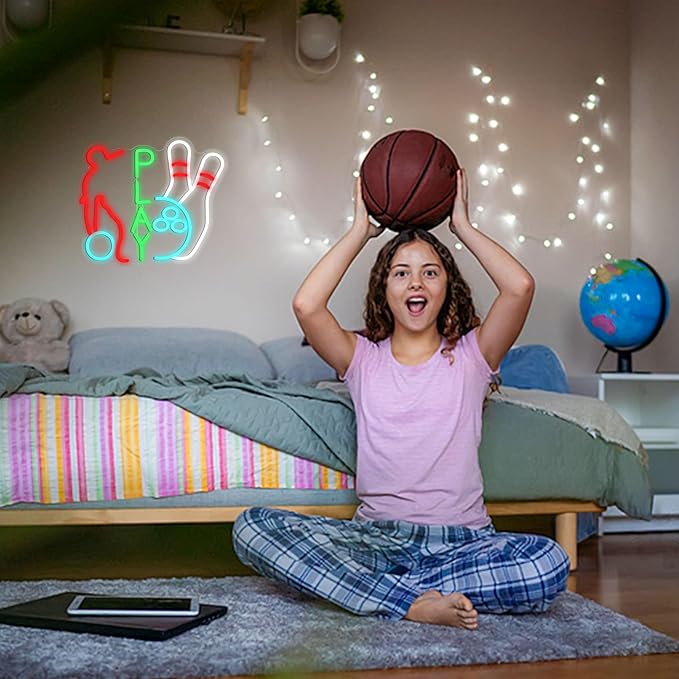 Play Sports Neon Sign for Wall Decor Basketball Neon Light Dimmable Bowling Ball Led Light Up Sign Sports-themed Led Light Sign for Boys Bedroom Gym Stadiums Man Cave Party (16.5 * 12.6 In)