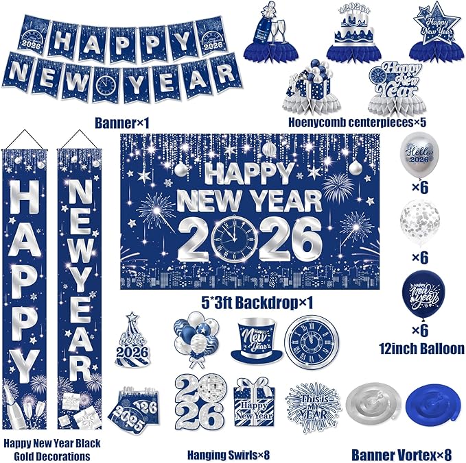 New Years Decorations 2026,Happy New Years Eve Party Supplies Blue and Silver Nye Party Decorations With Backdrop Door Banner Hanging Swirls Honeycomb Balloon