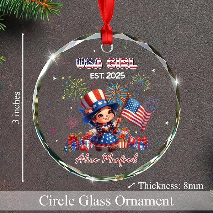 USA Girl Christmas Ornament Gift for Baby Girl Daughter Sister, Personalized Year & Name Keepsake Xmas Ornament Gift for New US Citizen, Customized American Celebrations Glass Decor Xmas Ornaments