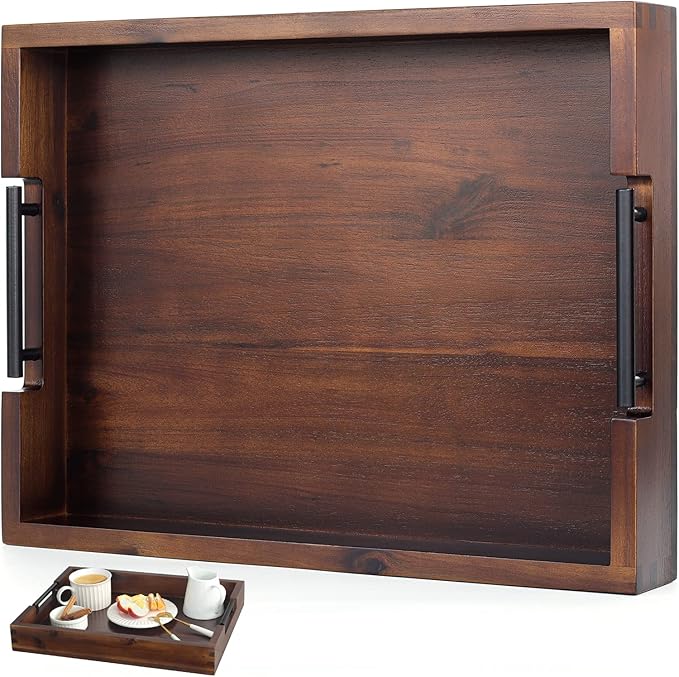 Ottoman Tray, Acacia Wood Serving Tray with Metal Handles, 16.5x12.5in Food Drinks Tray for Coffee Table, Breakfast, Dinner & Bar, Rustic Decorative Storage Tray for Ottoman, Kitchen, Packaging