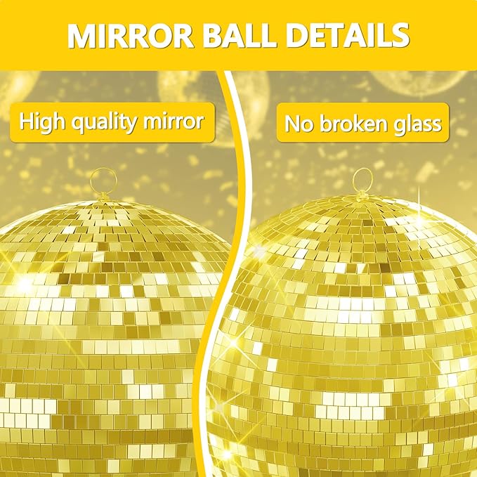 20 inch Gold Disco Ball, Hanging Mirror Disco Ball, Wedding Decoration Disco Light Ball, Stage Lighting Effect, 12/16/20 inch Home、Stage and Bar Glittering Decoration (20inch-Gold)