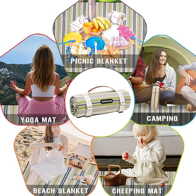 G GOOD GAIN Waterproof Picnic Blanket Portable with Carry Strap for Beach Mat or Family Outdoor Camping Party(Chartreuse)