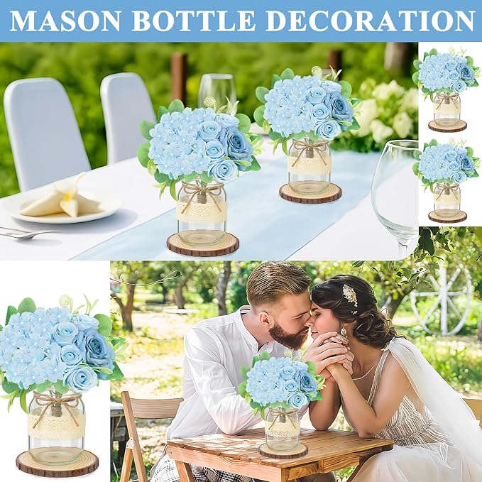 Set 6 Mason Jar Table Centerpiece - Wedding Centerpieces for Tables, Mason Jar Flower Centerpiece Vases Decor- Boho Farmhouse Rustic for Engagement, Bridal Shower, Wedding, Versatile Decor (Blue)