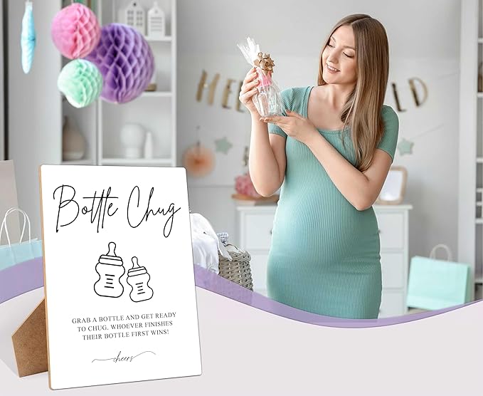 Baby Shower Game Bottle Chug Sign, 8×11 Inches Wooden Sign With Stand, Gender Neutral Tabletop Decor for Gender Reveal Party Decorations, Baby Shower Favor Supplies for Boy Girl-11