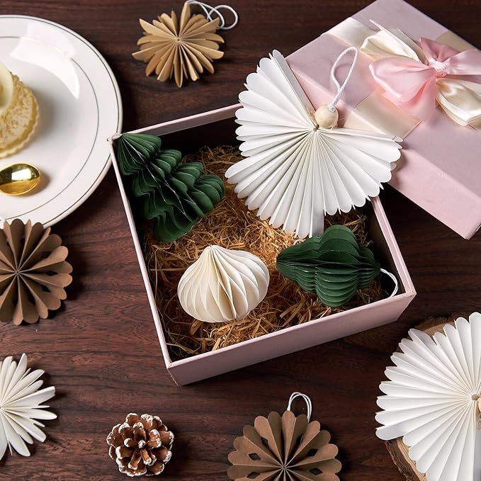 9 Pcs Mini Paper Christmas Hanging Ornaments, Handcrafted with Carstock, White, Sage Green and Brown Decorative Paper Christmas Tree Ornament, for Xmas Holiday Party Home Tree Decor