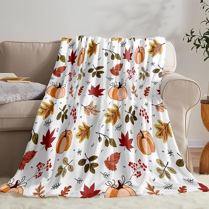 Autumn Harvest Flannel Throw Blanket – Fall Pumpkin and Leaf Pattern – Soft and Cozy Blanket for Sofa or Bed, W50 x L70in