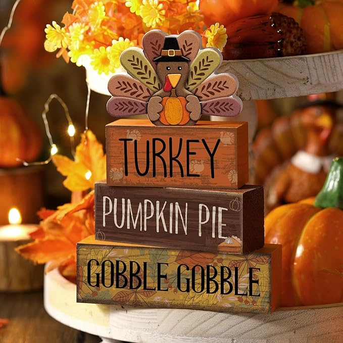 4 Pcs Thanksgiving Decorations for Home Wooden Turkey Decor Fall Tiered Tray Decor Thanksgiving Table Centerpiece Rustic Wooden Turkey Block Sign for Autumn Harvest Party Kitchen Shelf
