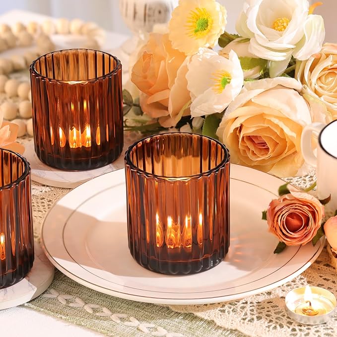 Amber Large Votive Candle Holder Set of 8, Tea Lights Candle Holders for Wedding Table Centerpieces, Boho Decor, Home Dinner Birthday Party Decor, Bridal Shower and Holiday Decorations