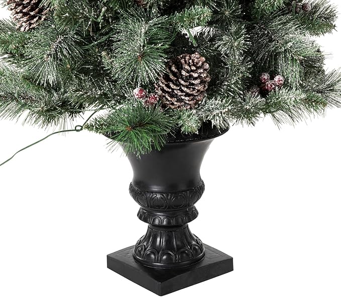 Glitzhome 5ft Prelit Christmas Tree Set of 2, Artificial Flocked Christmas Porch Tree with Lights, 372 PVC & Pine Needle Tips, Red Berries&Pine Cones, Potted Christmas Tree for Enrance Porch Decor
