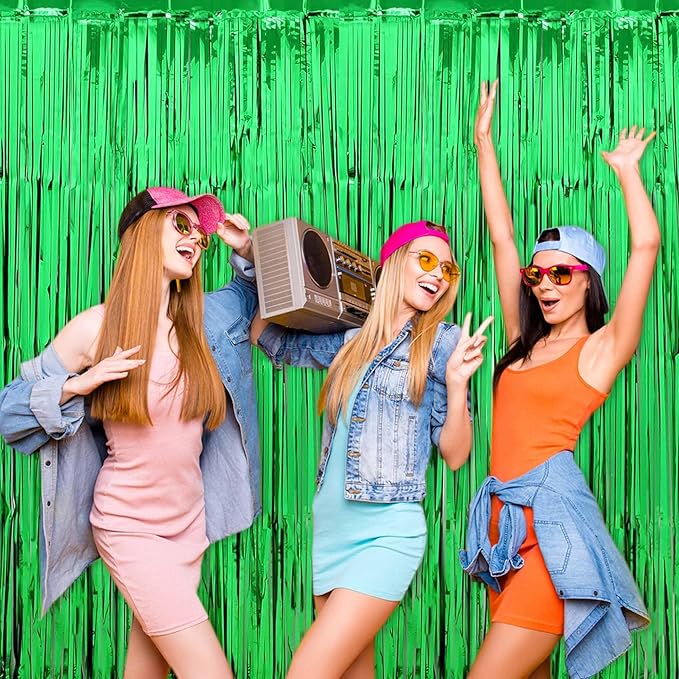 3 Pack Green Foil Fringe Curtains Backdrop, 3.28 x 6.6 Ft Metallic Streamers Tinsel Curtains Background for Photo Booth, Birthday, Halloween, Christmas, Thanksgiving, New Year Party Decorations
