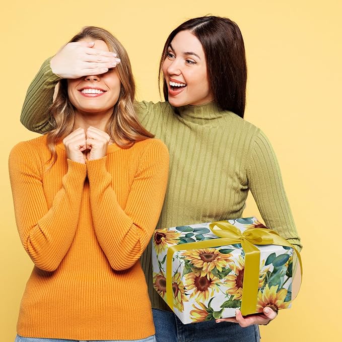 WRAPAHOLIC Kraft Sunflower Wrapping Paper Roll - Mini Roll - 17 Inch x 33 Feet - Perfect for Birthday, Baby Shower, Wedding, Party, Holiday