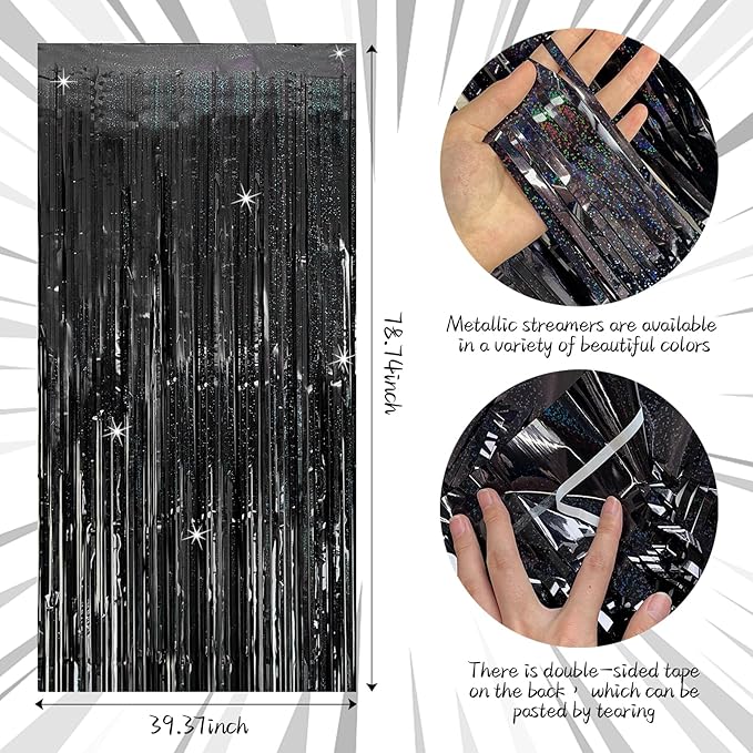 Tinsel Curtain Backdrop Black Birthday Party Decorations 2 Packs Glitter Foil Fringe Curtain Party Decor Streamers Photo Booth for Birthday Christmas Wedding Halloween Graduation Decorations