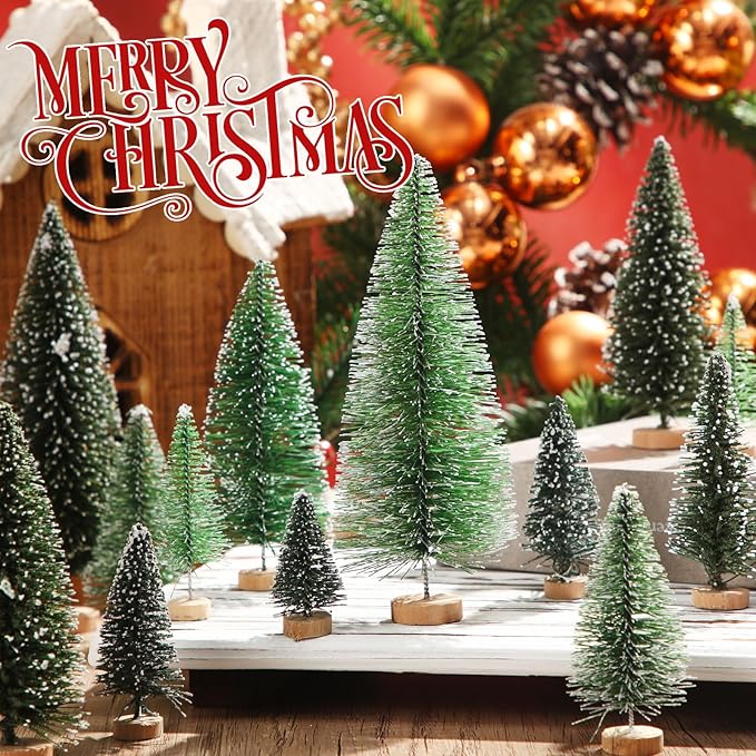 SATINIOR 60 Pieces Artificial Mini Christmas Tree Sisal Snow Trees Bottle Brush Christmas Trees Pine Trees Ornaments with Wooden Base for Christmas (Dark Green, Green,1.8/2.6/3.4/4.9/6.3 Inch)