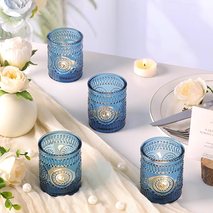 Blue Votive Candle Holder Set of 12, Glass Tea Lights Candle Holders for Wedding Table Centerpieces, Birthday Parties, Home Decor and Holiday Decor