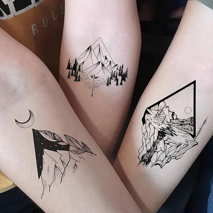 52 Sheets Small Black Mountain Temporary Tattoos For Men Women Adult, Geometric Sea Weave Forest Pine Tree Realistic Tattoo Sticker For Kids Children, Moon Sun Star Triangle Tatoos Outer Space