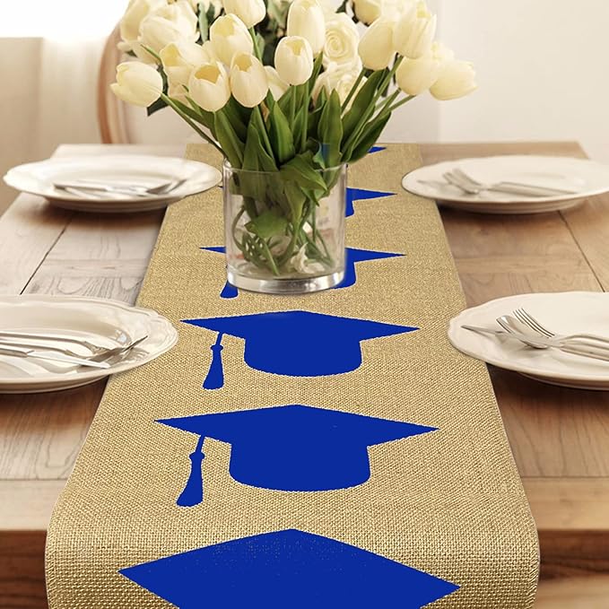 Burlap Graduation Table Runner 72 Inch - Rustic Decorations for Tabletop Centerpiece Decor Idea 2022 Party Supplies Cloth (Navy Blue) 1