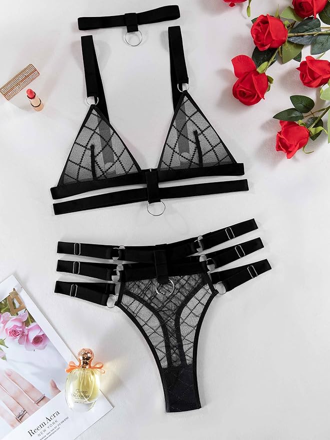 Lilosy Sexy Wireless Choker O Ring Linked Strappy Harness Lingerie Set Outfits 3 Piece