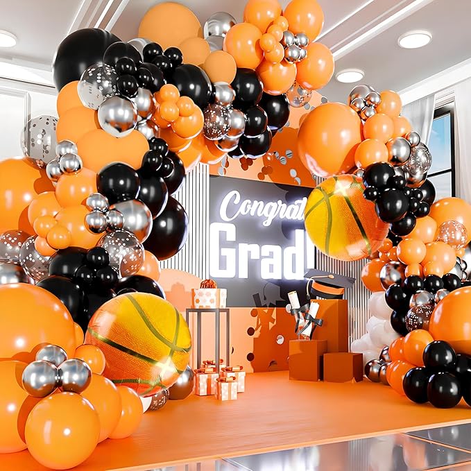 Basketball Balloon Arch kit Black Orange Metallic Silver Balloons Garland Arch Sports Themed Party Balloon Basketballs Party Decoration for Sport Theme Party all Star Space Jam Birthday Decor