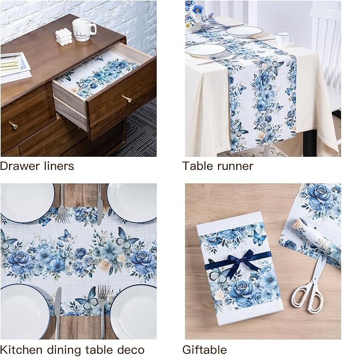 WRAPAHOLIC Kraft Floral Wrapping Paper - Mini Roll - 17 Inch x 16.5 Feet - Dusty Blue Flower and Butterfly Design for Wedding, Birthday, Bridal Shower, Tea Party, Drawer Liners, Home Closet Shelves