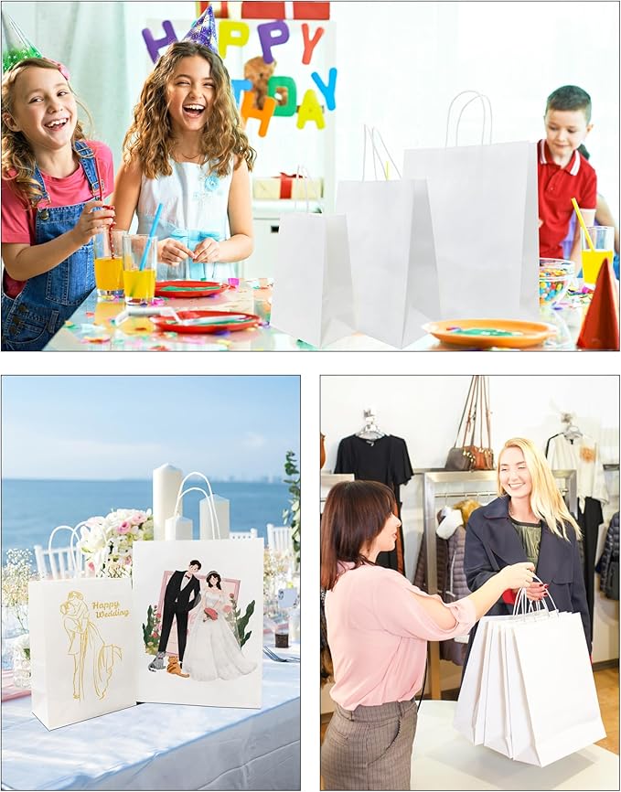 BAG BOX 25 Pack 8.25x4.3x10.6 Inch White Gift Bags with Handles,Bulk Kraft Paper Bags for Shopping, Retail, Merchandise, Wedding, Party Favors, Paper Grocery Sacks