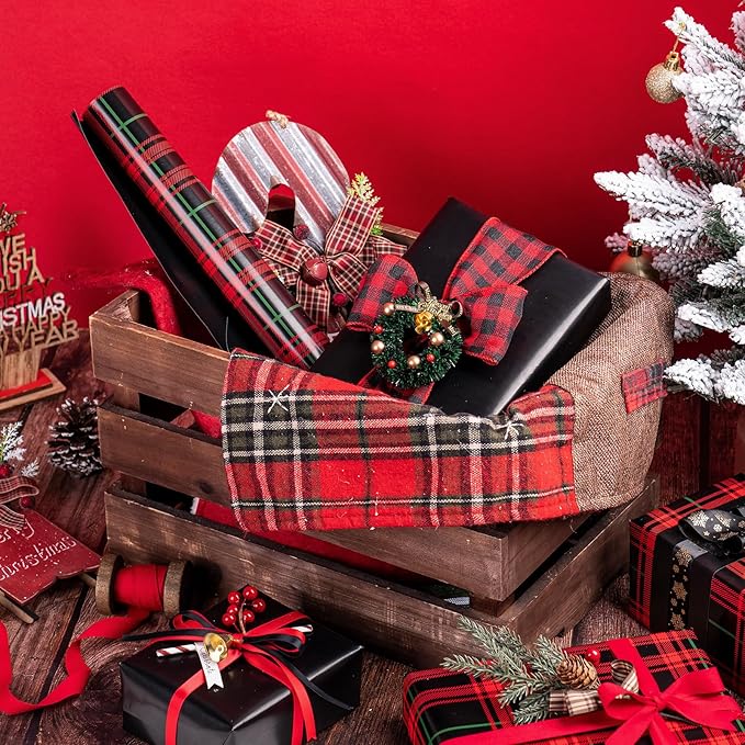WRAPAHOLIC Reversible Plaid Wrapping Paper - Mini Roll - 17 Inch x 33 Feet - Red and Black Plaid Christmas Wrapping Paper for Christmas, Birthday, Baby Shower, Holiday