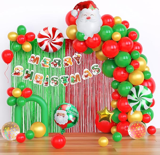 71 Pcs Christmas Balloons Garland Arch Kit Gold Sequined Balloons, Red Green Foil Fringe Curtain Christmas Birthday Backdrop Party Balloons Supplies