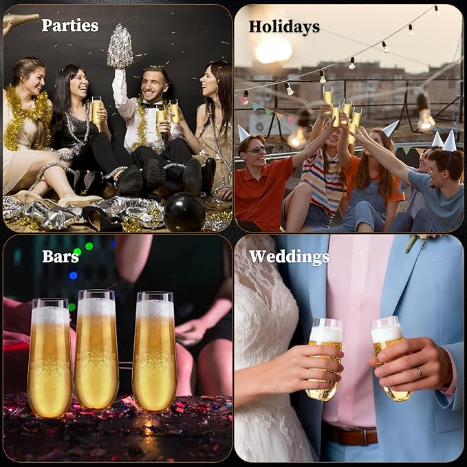 Guanqiao 48 Pack Stemless Plastic Champagne Flutes, 9 oz Clear Disposable Plastic Glasses, Heavy Duty Shatterproof Recyclable Mimosa Glasses for Party Wine Tasting Wedding New Years Eve Party Supplies