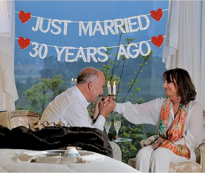 Just Married 30 Years Ago Glitter Banner,With adhesive hooks-NO DIY,30th Wedding Anniversary Party Decorations, We Still Do 30th Decor, 30 Years Blessed & Loved Decorations Supplies Silver&Red Glitter