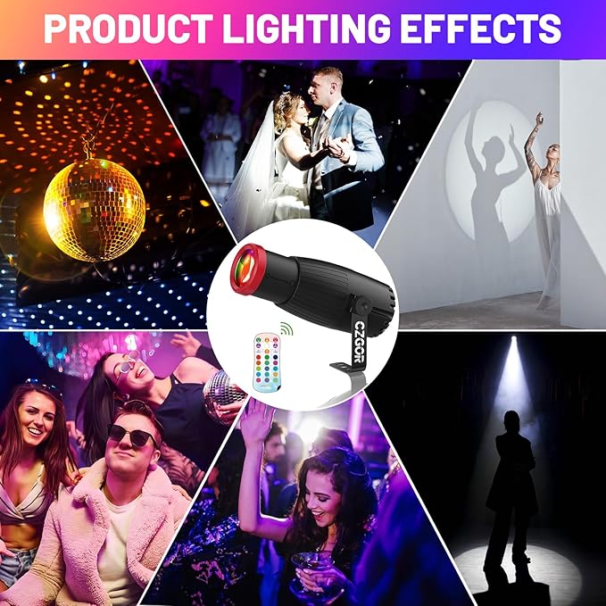 Pinspot Light 2 Pack, Czgor 18W RGBW Mirror Disco Ball Spotlight with Remote Control, Manual Focus 4 in 1 LED Mirror Ball Light 16 Colors, Super Bright Stage Lighting for DJ Party Club Bar Wedding