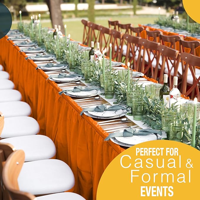 Exquisite Ruffle Table Skirt Orange 2 Pack 14 Ft Long Table Skirts for Rectangle Tables 6ft Plus or Round Tables Skirts with Adhesive Strip for Gender Reveal Decor & Happy Birthday Parties