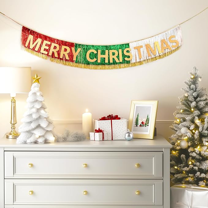 HOUSE OF PARTY Christmas Banner | Merry Christmas Sign with Tinsel Garland Wall Hanging Curtain Backdrop Pre-Strung 6 Feet | Xmas Mantel Decorations Indoor Hanging