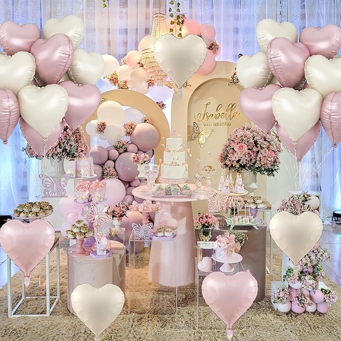 Pink White Heart Balloons, 18 Inch Baby Pink and Cream Helium Foil Heart Balloon 10Pcs Pastel Nude and Light Rosa Heart Shape Mylar Balloons for Boho Girls Women Birthday Baby Shower Bridal Valentines