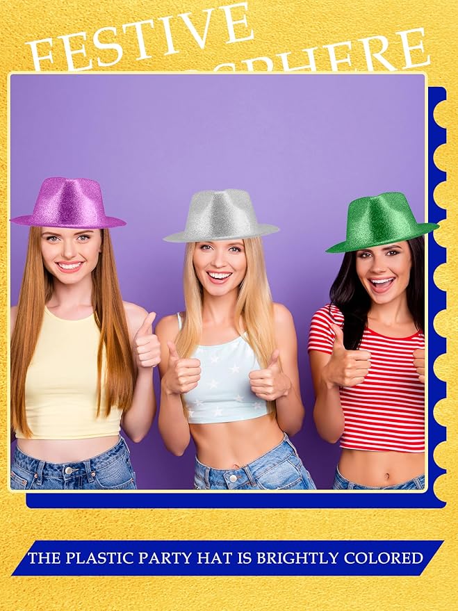 28 Pack Plastic Party Hats Bulk Glitter Party Hat Fedora Party Hat Gangster Hat for Adult Kids Costume Accessory