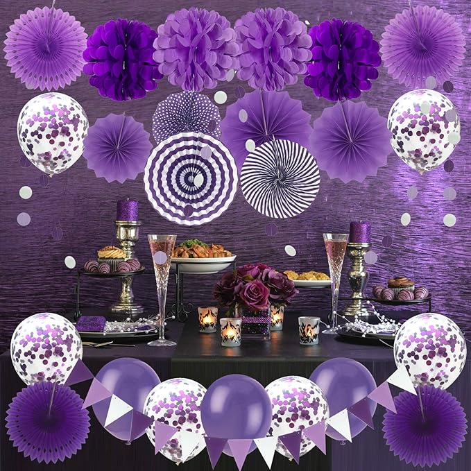 ZERODECO Party Decorations, Purple Confetti Balloons Decorative Folding Fans Paper Pompoms Triangle Bunting Flags Garlands for graduation Wedding Birthday Baby Shower Mermaid Party Decorations
