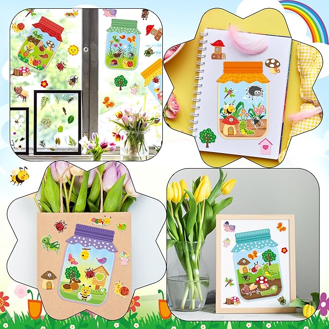 CY2SIDE Summer Bugs Jar Scene - 40PCS Insects Make a Face Sticker Sheets for Kids DIY Your Own Summer Animal Ladybug Bee Craft Games for School Classroom Activities Holiday Party Favor Gifts for Girls