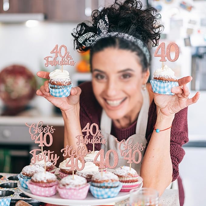 30PCS Happy 40th Birthday Cupcake Toppers Glitter Hello 40 Fabulous Forty Cheers to 40 Years Old Birthday Cupcake Picks for Happy 40th Birthday Anniversary Party Cake Decorations Supplies Rose Gold
