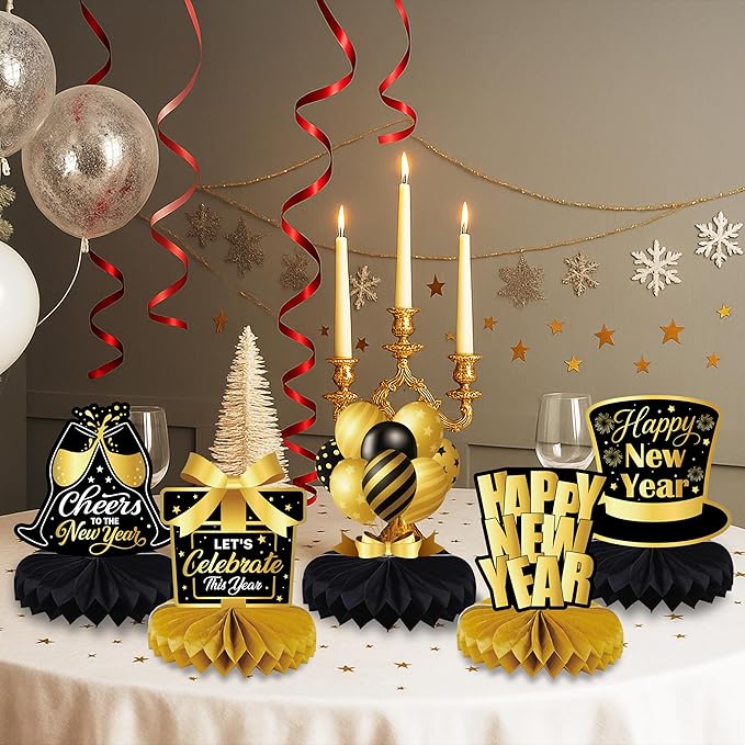 New Years Eve Table Centerpieces 2026 - Black and Gold Honeycomb Table Decorations, New Year's Eve Party Supplies for 2026 NYE Celebration