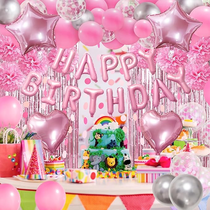 ZERODECO Pink Birthday Party Decorations, Happy Birthday Banner Pompoms Balloons Pink Fringe Curtain Party Décor for Baby Girls Women Party