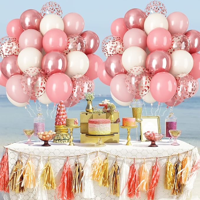 Dusty Pink Balloon Set, 60Pcs 12 Inch Retro Blush Pink White Sand Nude Latex Balloon with Metallic Confetti Rose Pink Helium Balloon for Girls Women Birthday Party Baby Shower Boho Decoration Supplies