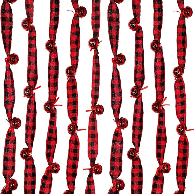 Jishi Rustic Buffalo Plaid Ribbon Garland - 6 Yards with Jingle Bell & Metal Sleigh Bell Ornaments