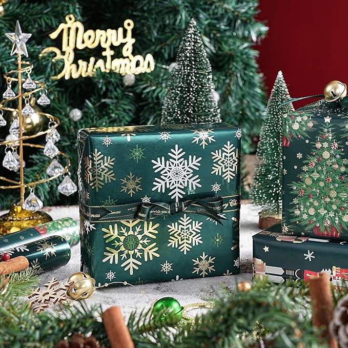 WRAPAHOLIC 30 Inch Nutcracker Christmas Wrapping Paper Roll - Jumbo Roll Green Christmas Tree, Snowflakes and Nutcracker with Metallic Foil Shine Design - 4 Rolls - 30 Inch x 120 Inch Per Roll