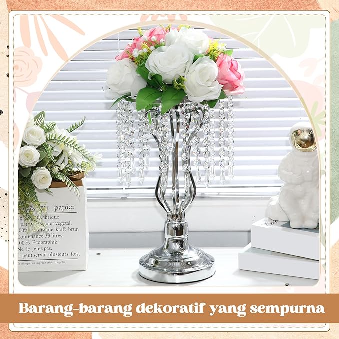 16 Pcs Wedding Centerpieces for Tables, Gold Silver Vase Centerpiece with Chandelier Crystal Metal Flower Stand, Tall Flower Vases for Wedding Party Home Decoration(Silver,12.6)