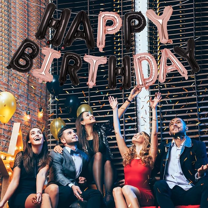 Accevo Black Rose Gold Happy Birthday Banner, 16 Inch Mylar Foil Letters Birthday Balloon, Happy Birthday Balloon for Kids, Child, Adults, Boys & Girls Happy Birthday Sign Birthday Party Decorations