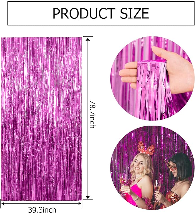 5 Pack Hot Pink Party Decorations - Tinsel Curtain Streamers Foil Fringe Backdrop for Birthday, Christmas, Bachelorette, Graduation, Fiesta Photo Booth