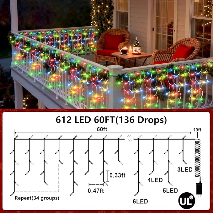612 LED String lights Indoor Outdoor, 60ft Christmas Window Lights with 136 Drops 12 Modes, Dimmable Curtain Lights, Fairy Lights for Bedroom Holiday Wedding Party Home Xmas Decorations, Multicolor